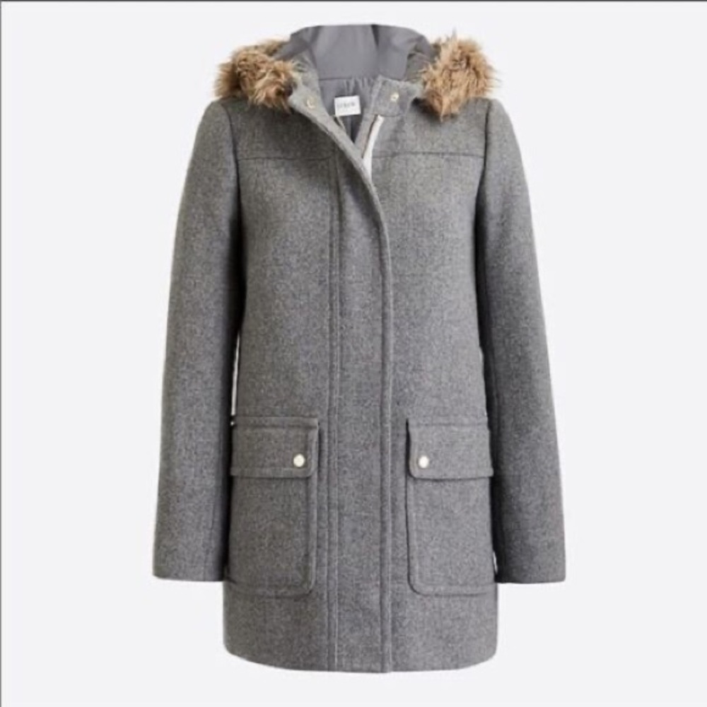J. Crew Gray Wool Blend Hooded Coat with Faux Fur Trim